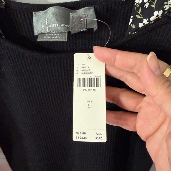 Anthropologie Black Floral Puff Sleeve top small Ribbed knit NWT $98 - Picture 2 of 10